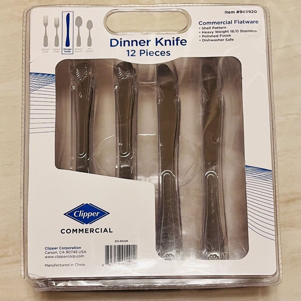 Clipper Commercial Flatware Dinner Knife 12 Pieces Shell Pattern 18/0 Stainless